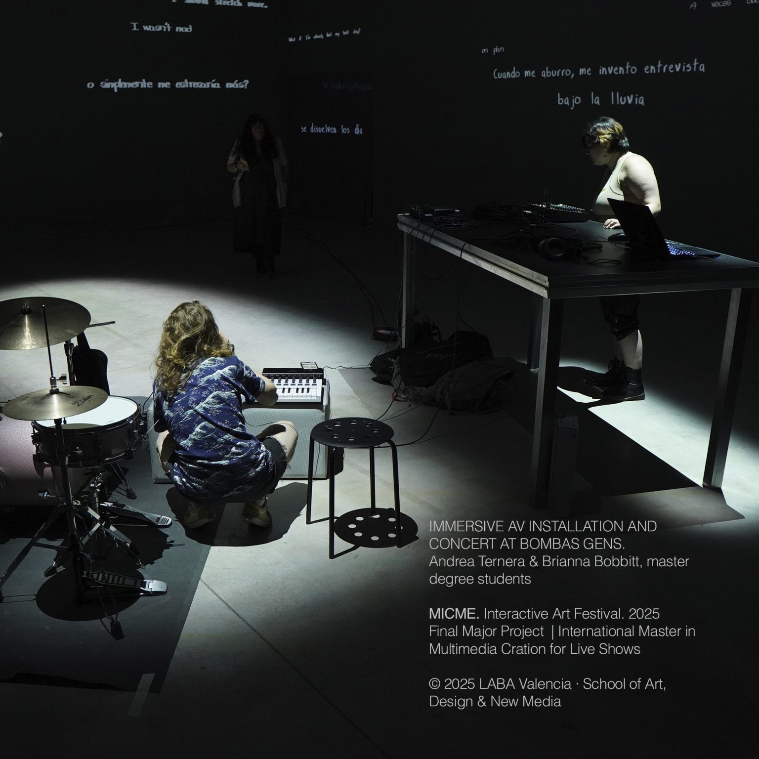 IMMERSIVE AV INSTALLATION AND CONCERT AT BOMBAS GENS. Final Major Project by Andrea Ternera & Brianna Bobbitt, master degree students. MICME. Interactive Art Festival. www.micme.net 2025